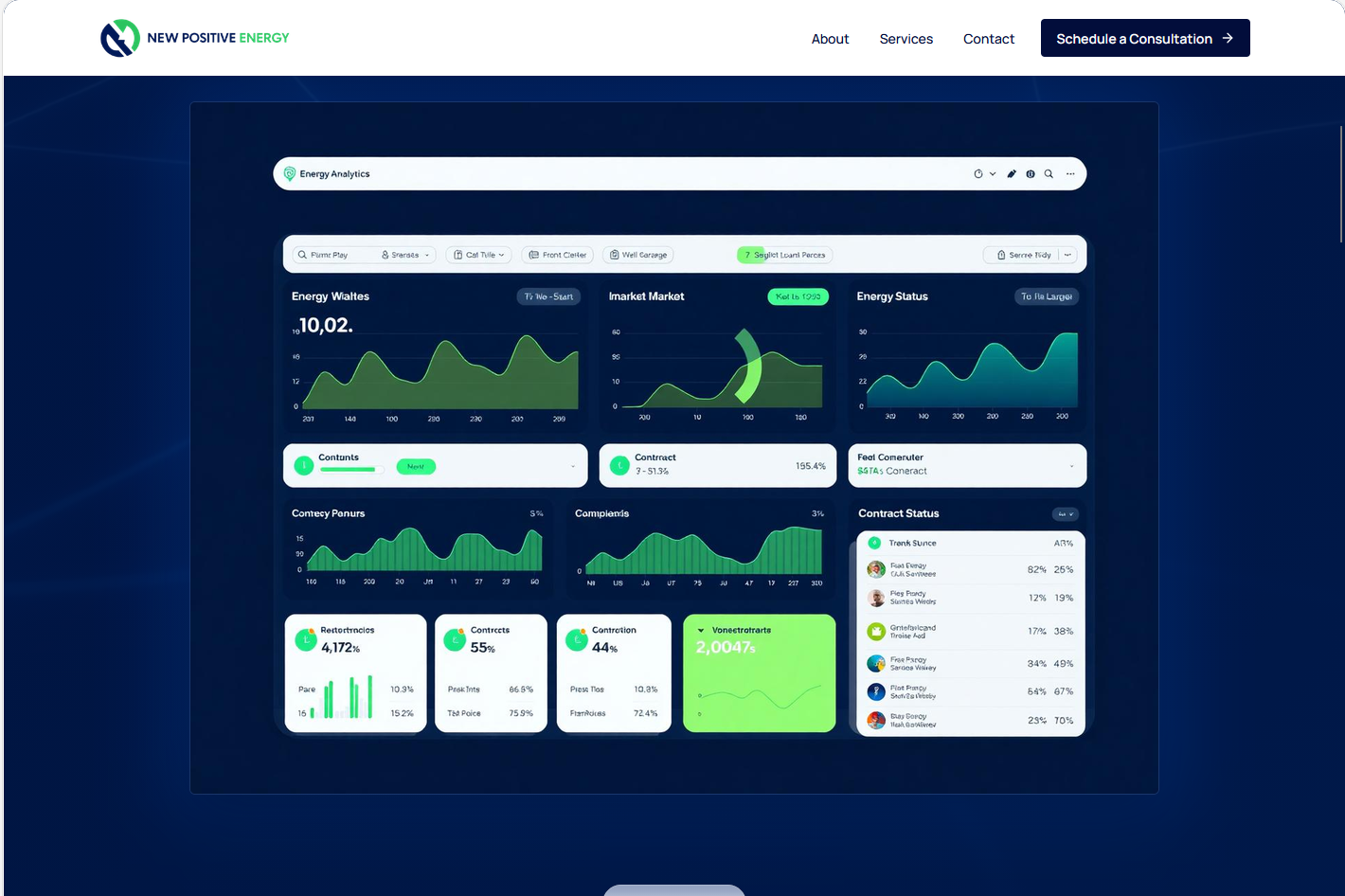 Energy analytics dashboard with market, contract, usage, and status panels
